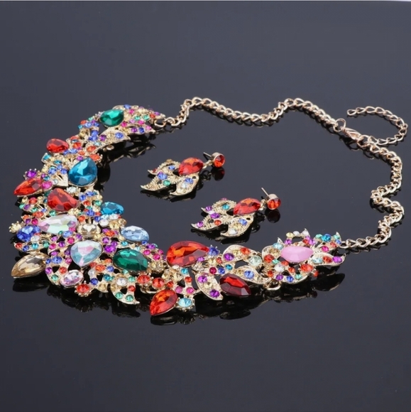 18K gold plated multi color rainbow crystal Necklace earrings set - Picture 8 of 14